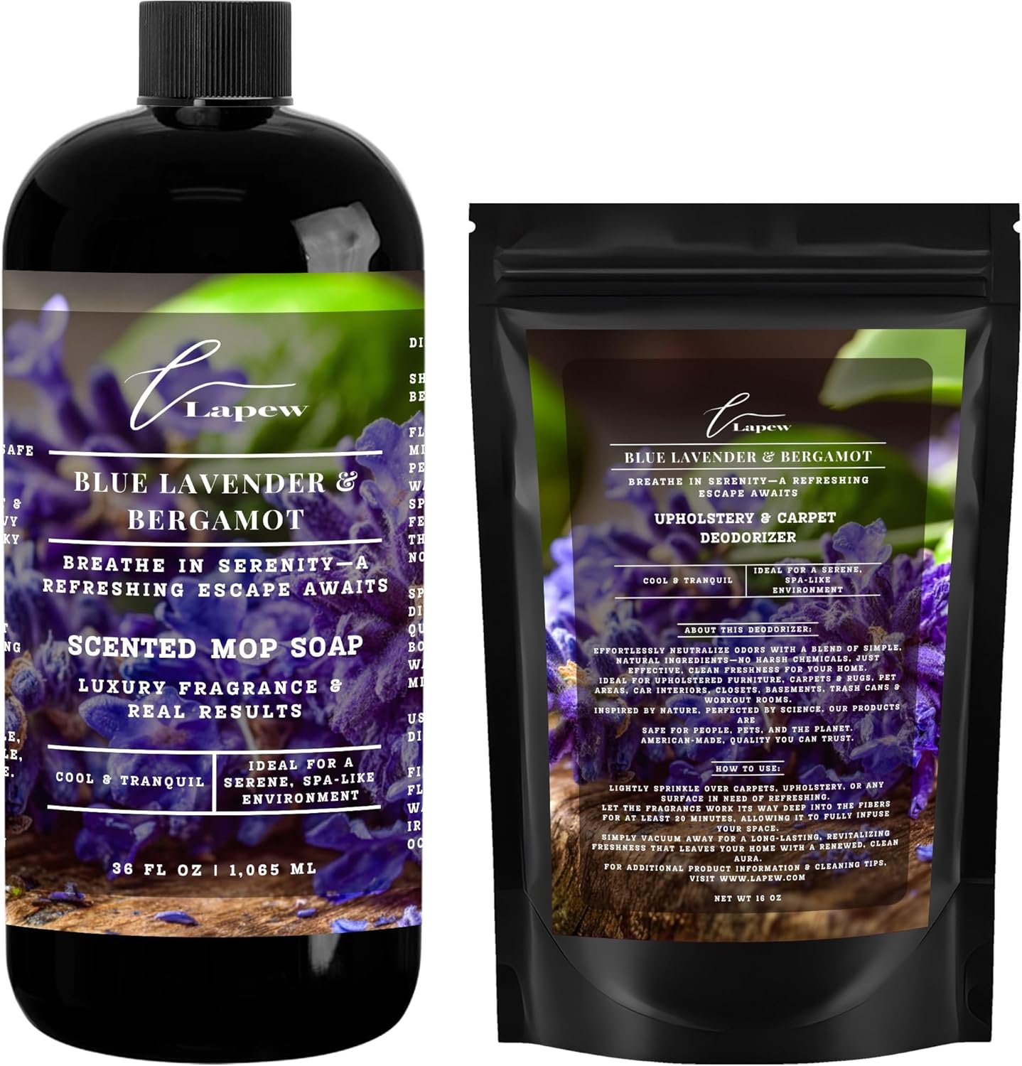 Lapew Black Sea Scented Cleaning Bundle | Carpet Deodorizer Powder (16 oz) & Mop Soap Concentrate (36 oz) | Pet-Friendly Odor Eliminator - Colors A