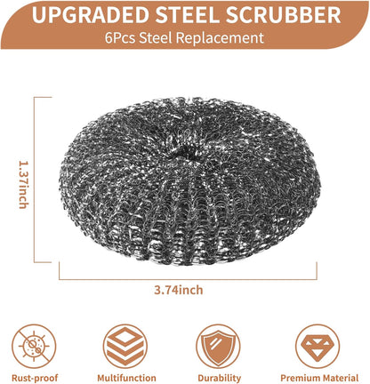 5Pcs Steel Wool Scrubber with Replacement Wire Sponge Pads Set, Stainless Steel Scrubber with Handle for Scouring Stubborn Messes from Cast Iron, Pots, Pans, Grill, Stoves, Sink(1 Scrubber+4 Pads)