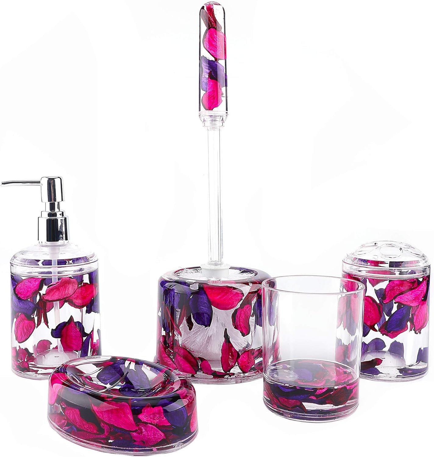 Locco Decor 5 Piece Acrylic Liquid 4D Floating Motion Bathroom Vanity Accessory Set Garden Botanic Green Plants Toothbrush Holder, Tumbler, Soap Dispenser, Soap Dish, Toiletbrush Holder Set