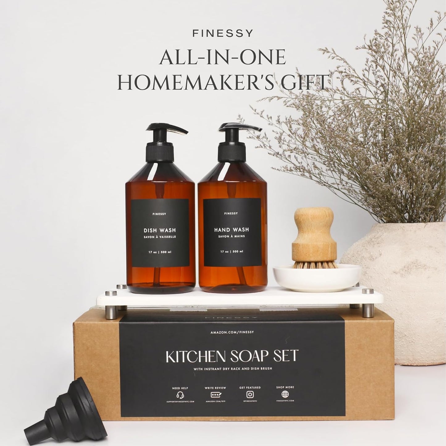 Luxe White Kitchen Soap Dispenser Set with Tray and Dish Brush, Refillable Hand and Dish Soap Dispenser Set Bottles with Pump for Lotion Handsoap Liquid Dishwashing Kitchen and Bathroom Countertop Set