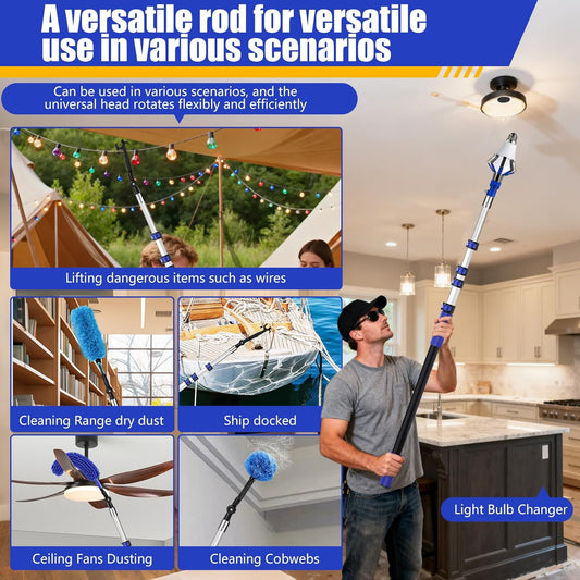 20FT Light Bulb Changer for High Ceilings with 5-12FT Heavy Duty Extension Pole,High Ceiling Fan Duster Extendable Reusable Cobweb,Feather,Window Cleaning Squeegee Kit for Home & House,Interior Roof