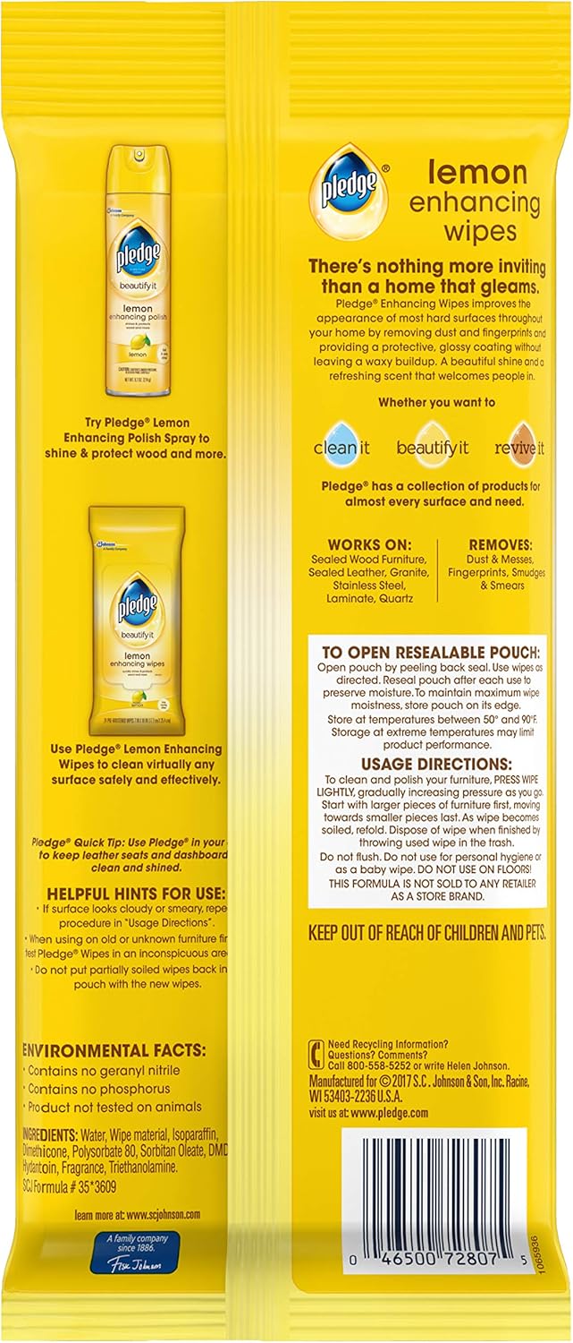 Pledge Expert Care Enhancing Wood Wipes, Lemon Scent, 24 Count