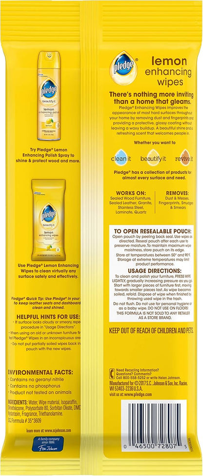 Pledge Expert Care Enhancing Wood Wipes, Lemon Scent, 24 Count