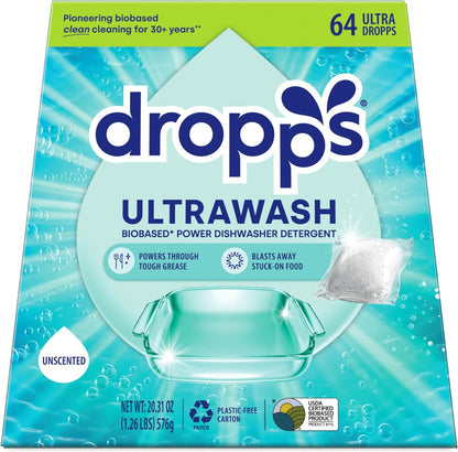 Dropps UltraWash Dishwasher Detergent Pods, Lemon Citrus (32 Ct) - Cuts Grease & Stuck-On Food | Sparkling Dishes & Glasses | Residue-Free | Clean Ingredients | No Pre-Rinse | Plastic Free Packaging