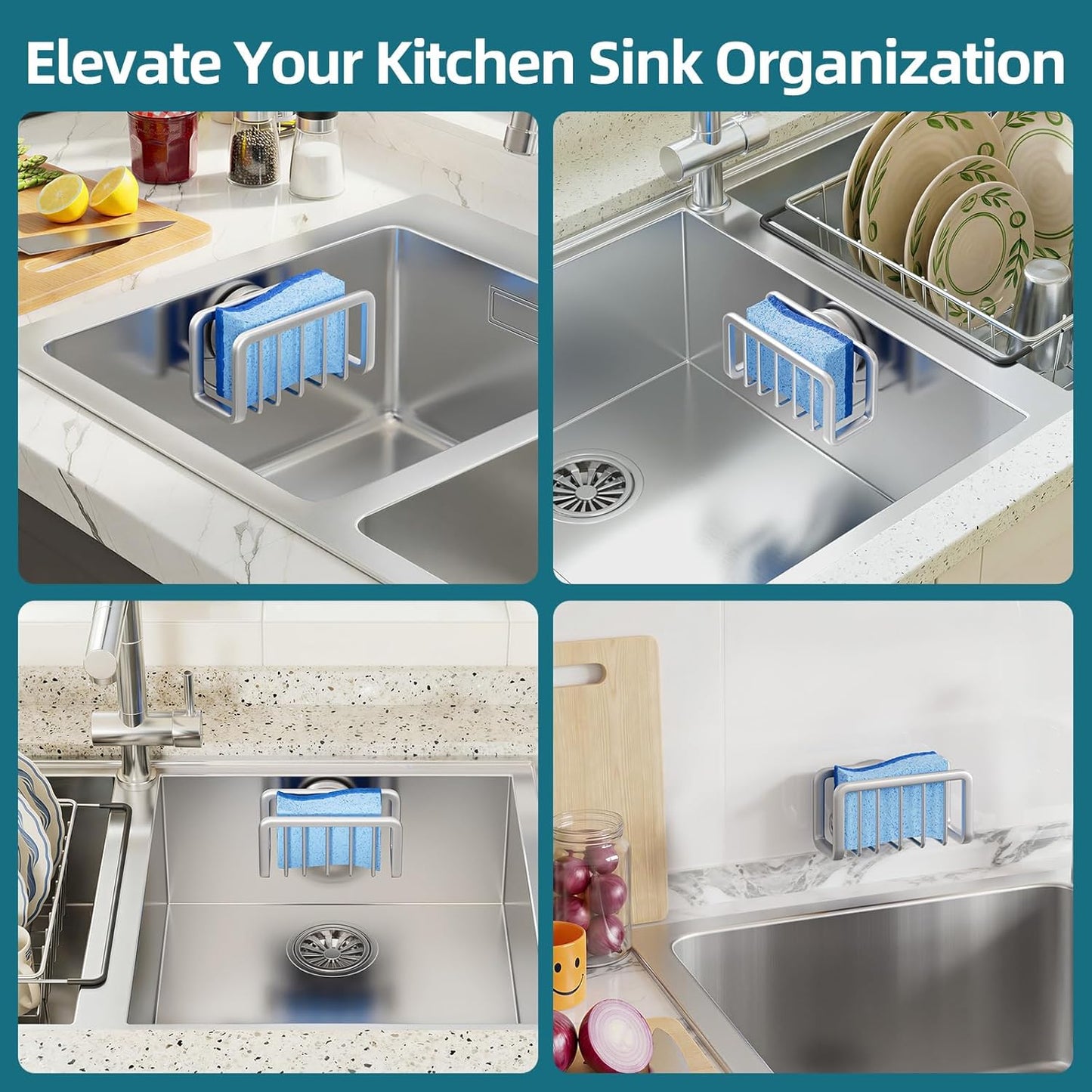 TAILI 4-in-1 Sink Caddy with Strong Suction Cup, Sponge Holder for Kitchen Sink Organizer, Removable, Rustproof, Stainless Steel Holder for Sponge, Brush, Scrubber, Scraper - Silver