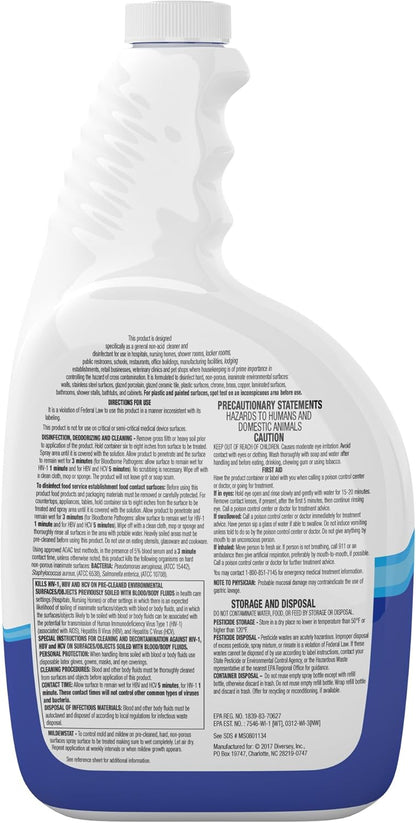 VIREX Diversey CBD540540 All Purpose Disinfectant Cleaner, For Home & Commercial Use, Kills 99.9% of Germs, Multi-Surface, Lemon Scent, Capped Ready-to-Use Spray, 32-Ounce