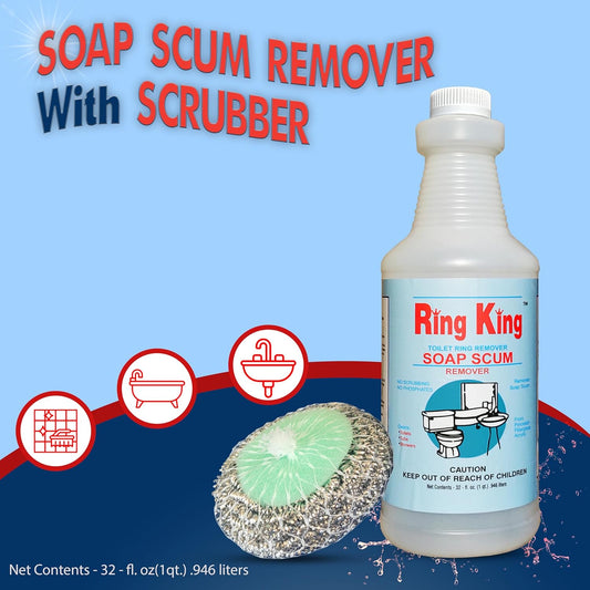 Amazon Brand| 32 oz Ring King Soap Scum Remover For Shower with 304 Stainless-Steel Scrubbing Pad Sponges Applicator| Fast-acting Multi-Surface Bathroom Cleaner| Cleans Soap Scum, Grease