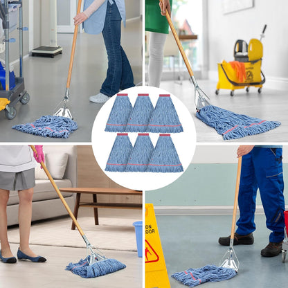 Matthew Cleaning Heavy Duty Mop Head Commercial Replacement for General and Floor Cleaning , Wet Industrial Blue Cotton Looped End String Head Refill (Pack of 6) Blue