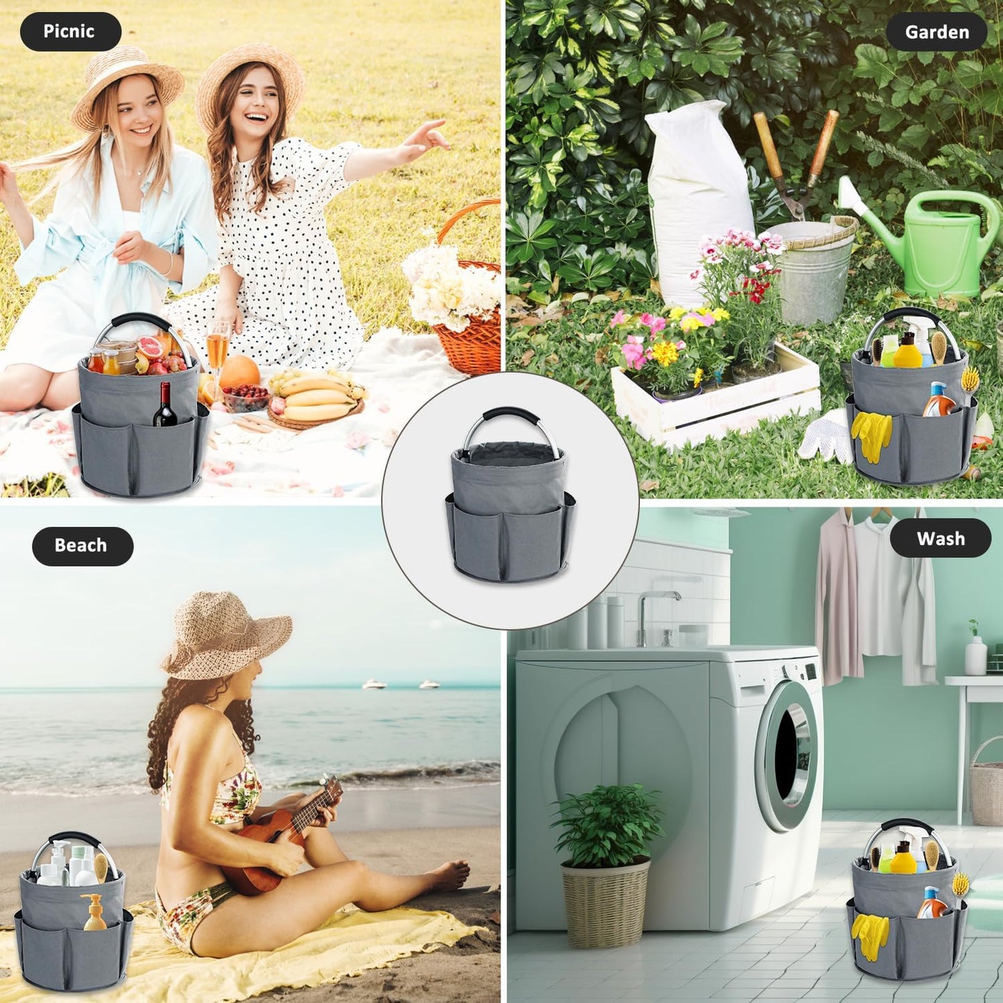 17L Cleaning Caddy with Handle, Cleaning Supplies Organizer, Foldable Storage Basket, Cleaning Supply Caddy, Portable Multi Cleaning Bucket Bag for Home, Garden (Pink)