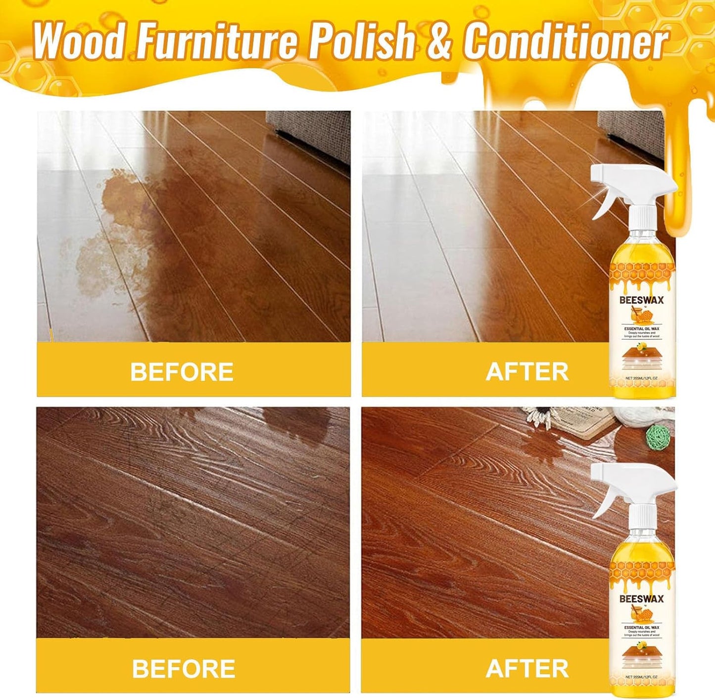 355ml Micro-Molecularized Natural Beeswax Floor Polish Spray, Beeswax Essential Oil Wax, Bees Wax Wood Polish Spray, for Living Rooms, Kitchens, Wood Furniture Floor (1PCS)