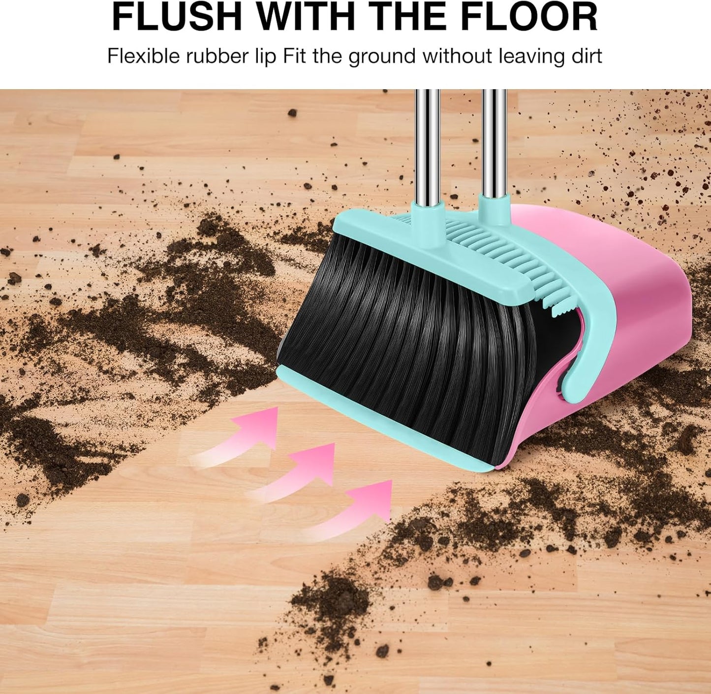 NACENA Broom and Dustpan Set, 52-in Long Adjustable Handle Broom Dustpan Combo with Dustpan Teeth to Automatically Clean Hair Suitable for Home Kitchen Office Hall Floor（Black&Red）