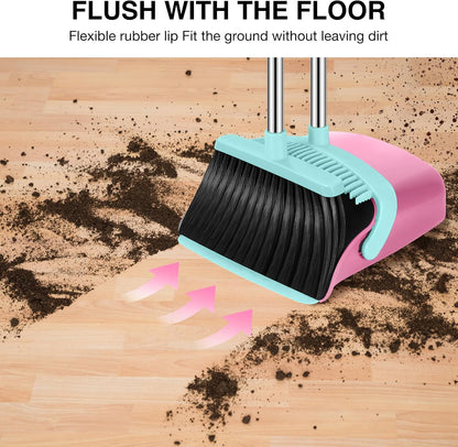 NACENA Broom and Dustpan Set, 52-in Long Adjustable Handle Broom Dustpan Combo with Dustpan Teeth to Automatically Clean Hair Suitable for Home Kitchen Office Hall Floor（Black&Red）