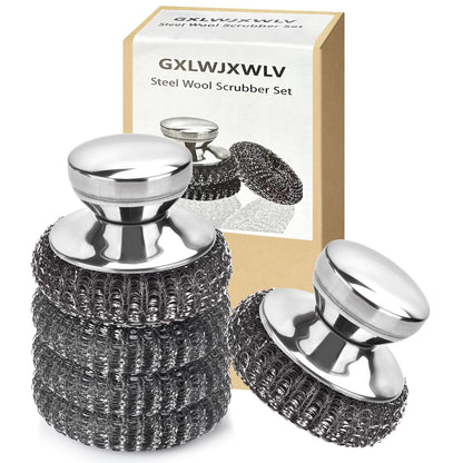 5PCS Stainless Steel Scrubber Pads, Steel Wool Scrubber Set with 2Pcs Handle, Stainless Scrubber for Cleaning Kitchen and Household, Dishes, Stoves, Grill, Wash Sink, Pots