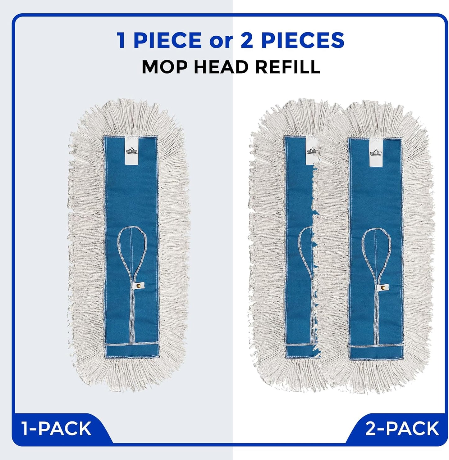 Nine Forty Industrial-Grade 24x5 Cotton Dust Mop Head Refills, Perfect Replacement for Busy Home, Gym, Industrial and Commercial Spaces, Heavy-Duty Mop for Janitorial & Housekeeping Needs - 2 Pack