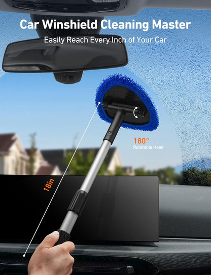 AstroAI Car Windshield Cleaner Tool, Window Cleaning Kit with 39in Car Mirror Squeegee, 4 Reusable Microfiber Pads and Extendable Handle, Blue