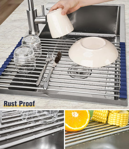 Tomorotec 17.7" x 15.5" Roll Up Dish Drying Rack Over Sink Drying Rack Sink Cover Kitchen Sink Accessories Gadget Multipurpose Organizer Foldable Stainless Steel Drainer (Grey)