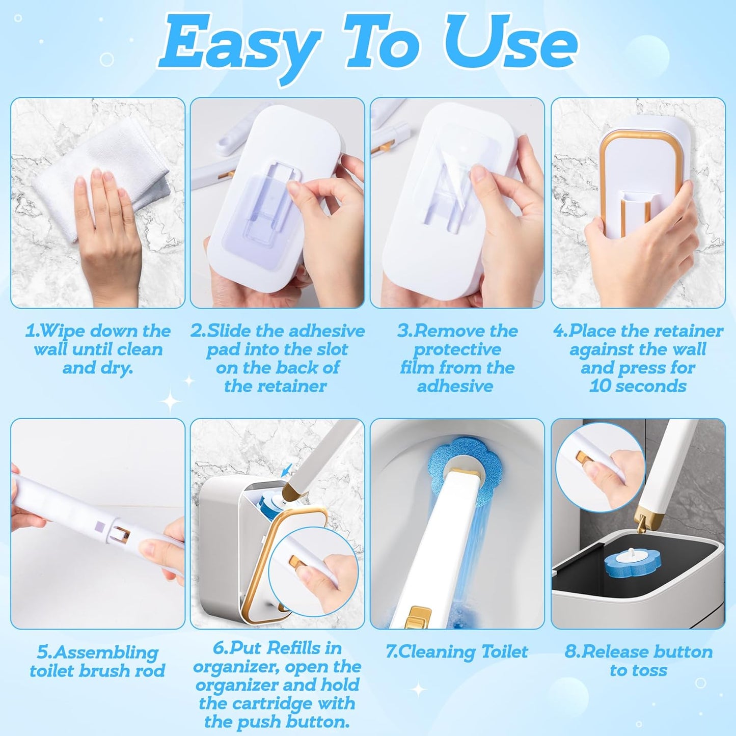 Disposable Toilet Cleaning Brush - Toilet Bowl Cleaner Wand and Holder Set with 60 Refills, Wall Mounted Clean Stick Brush Heads Kit with Handle for Bathroom Bathtub Cleaning System
