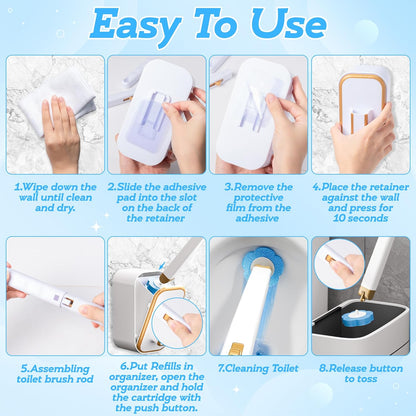 Disposable Toilet Cleaning Brush - Toilet Bowl Cleaner Wand and Holder Set with 60 Refills, Wall Mounted Clean Stick Brush Heads Kit with Handle for Bathroom Bathtub Cleaning System