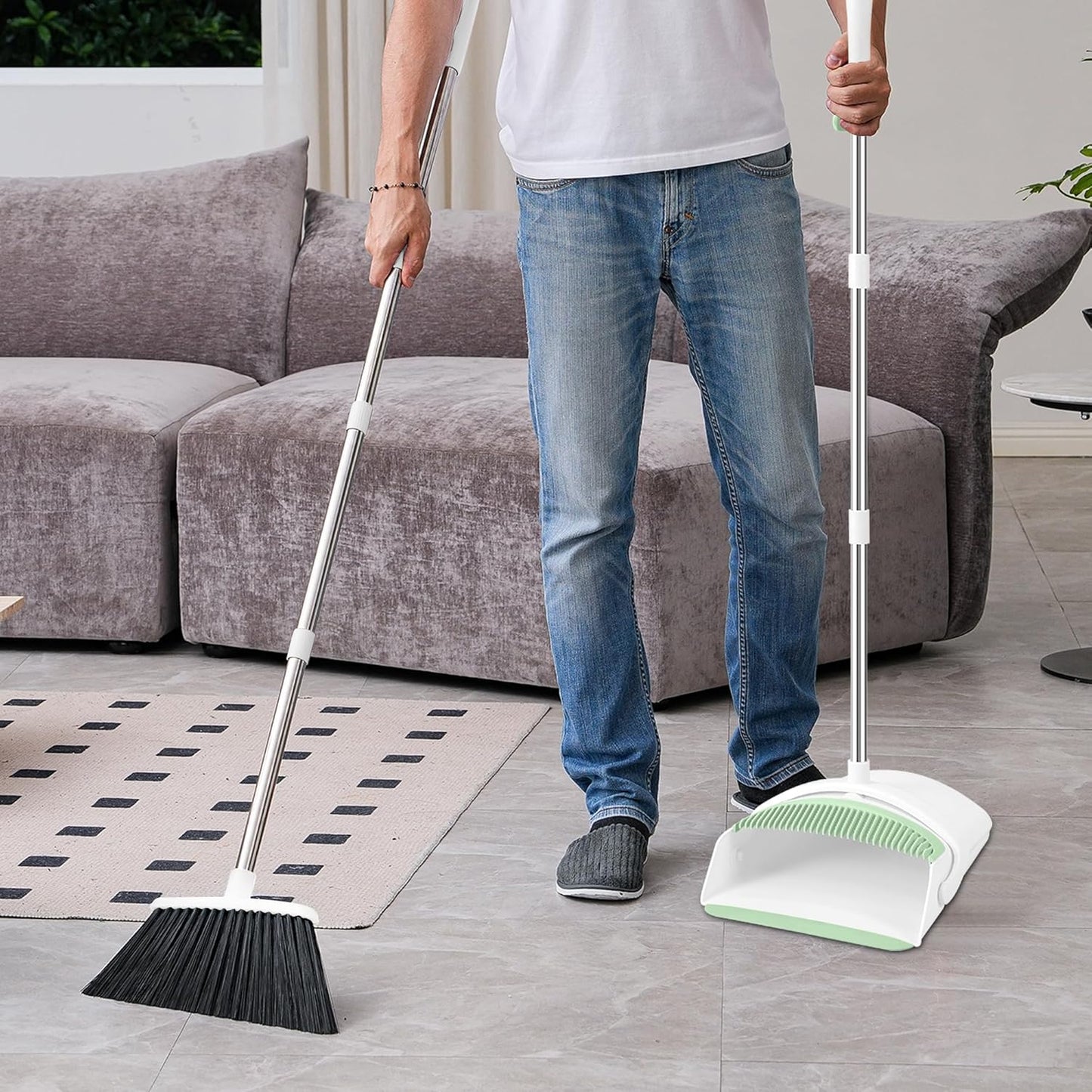 Broom and Dustpan Set, Broom Dustpan Combo Set for Home Commercial Cleaning Supplies Angle Broom with Long Handle Perfect for Courtyard Garage Street (Green)