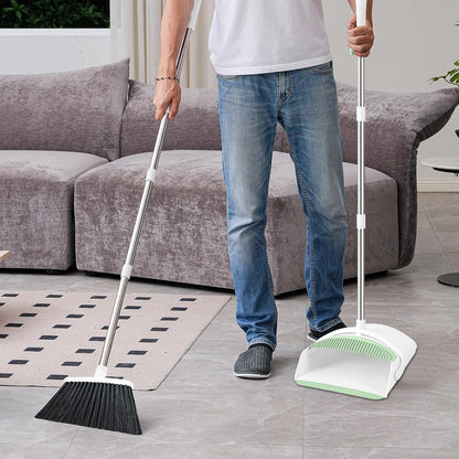 Broom and Dustpan Set, Broom Dustpan Combo Set for Home Commercial Cleaning Supplies Angle Broom with Long Handle Perfect for Courtyard Garage Street (Green)