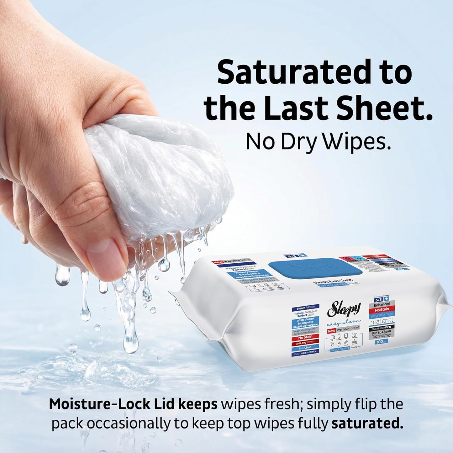 Sleepy Easy Clean XL Multi Surface Cleaning Wipes (100 Count) – Natural Vinegar & Baking Soda Formula – Jumbo 8"x8" All Purpose Wet Wipes for Kitchen, Bathroom, Glass & Electronics – No Streak