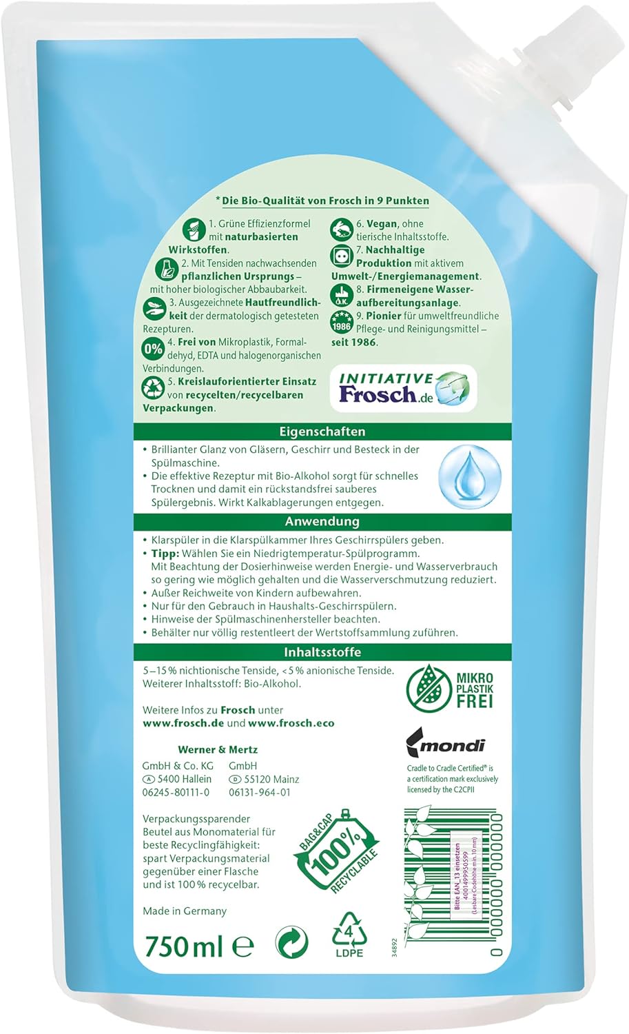 Frosch Rinse Aid 750 ml - 25.36 Fl Oz, Organic, Vegan, Unscented, 1 Pack