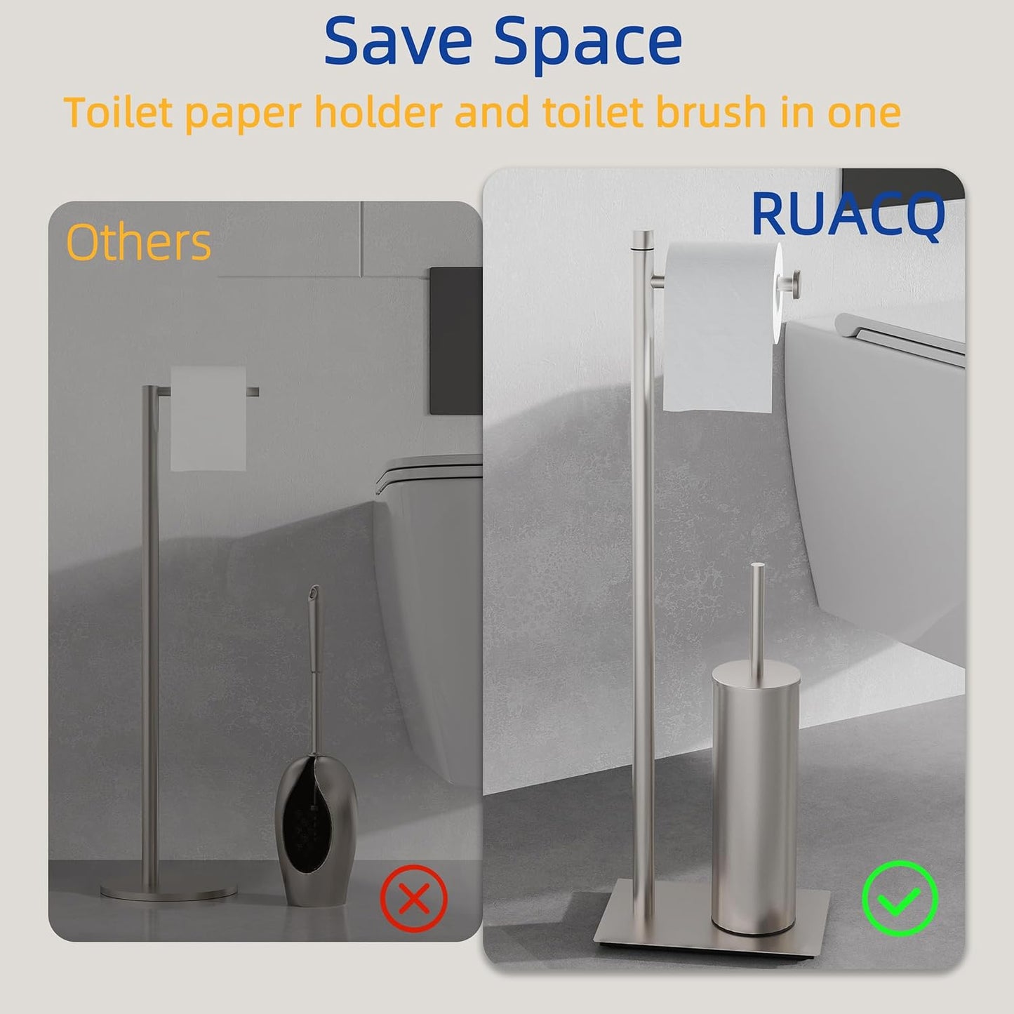 RUACQ Toilet Paper Holder Stand with Toilet Brush and Holder Set, 304 Stainless Steel Bathroom Toilet Tissue Paper Roll Holder Free Standing, Weighted Base, Heavy Duty (Matte Black)