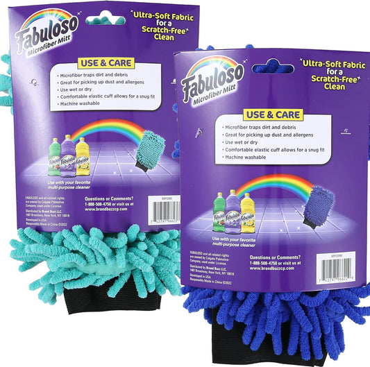 Fabuloso Microfiber Cleaning Mitts – Teal & Blue, One Size Fits All | Lint-Free, Scratch-Free Gloves for Surfaces & Furniture | Bold & Bright Microfiber Dusting Mitts, 2-Pack