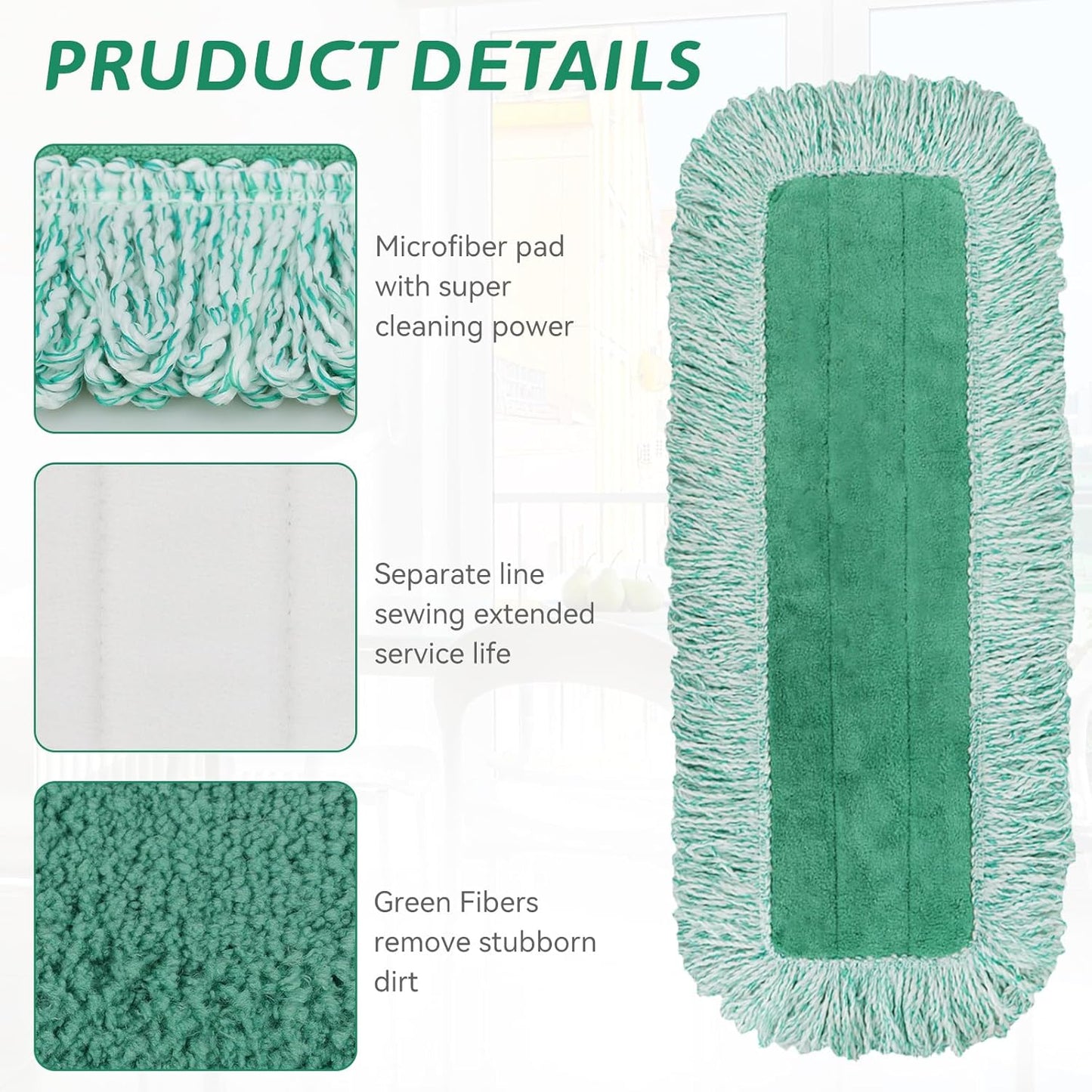 Commercial Products Dust Pad with Fringe for Rubbermaid 18” - 18 Inch Green Microfiber Dust Mop Refills Heavy-Duty Cleaning for Hardwood/Tile/Laminated Floors in Kitchen/Lobby/Office (6 Counts)