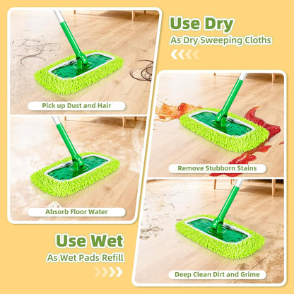 Reusable Mop Pads Compatible with Swiffer Sweeper Mop, Washable Wet Pads Refill & Chenille Dry Sweeping Cloths, Microfiber Mop Pads for Use on All Sealed Floors - Wood, Laminate, Stone & Tile (6 Blue)