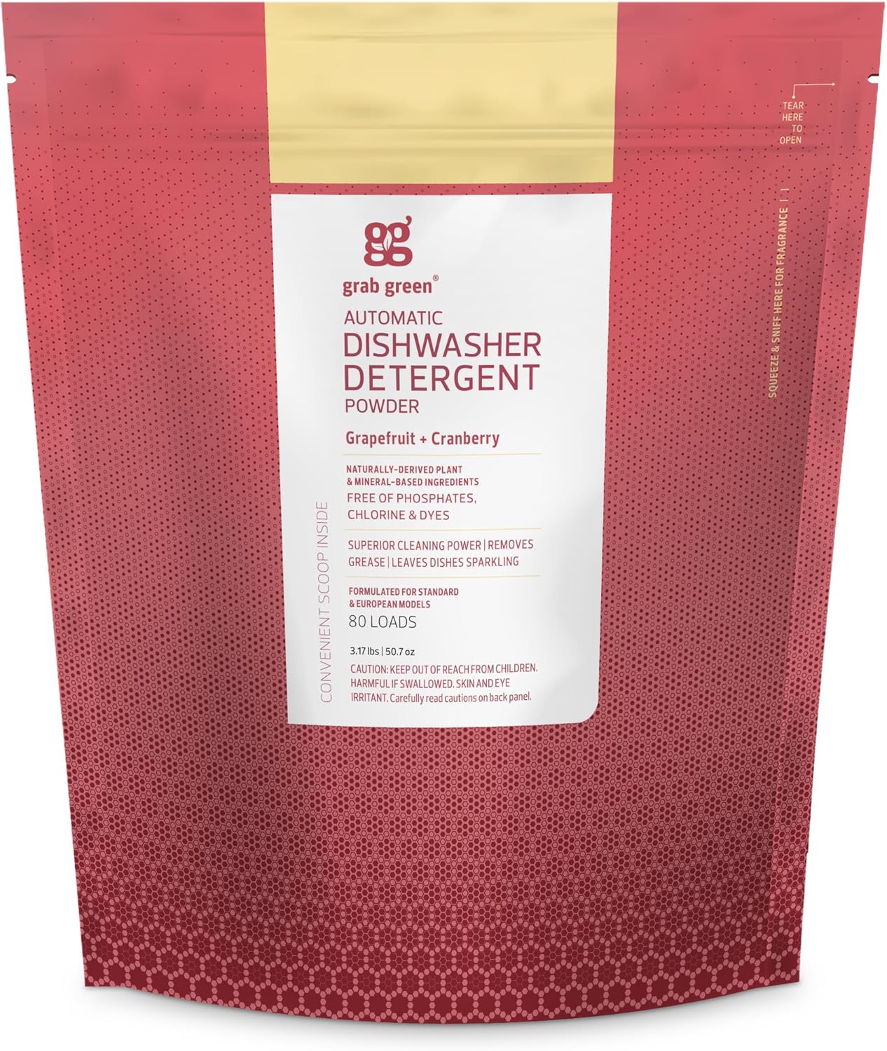 Grab Green Automatic Dishwashing Detergent Powder 3.17 lbs, 80 Loads, Fragrance Free, Plant and Mineral Based, Superior Cleaning, Powerful Grease Removal, Brilliant Shine