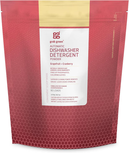 Grab Green Automatic Dishwashing Detergent Powder 3.17 lbs, 80 Loads, Fragrance Free, Plant and Mineral Based, Superior Cleaning, Powerful Grease Removal, Brilliant Shine