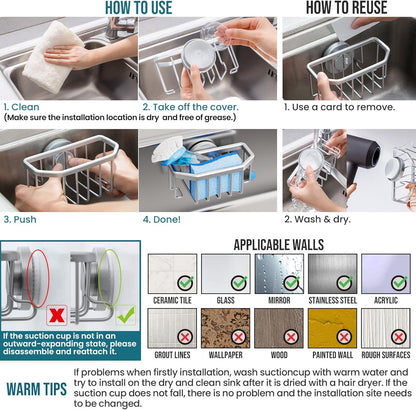 TAILI 4-in-1 Sink Caddy with Strong Suction Cup, Sponge Holder for Kitchen Sink Organizer, Removable, Rustproof, Stainless Steel Holder for Sponge, Brush, Scrubber, Scraper - Silver