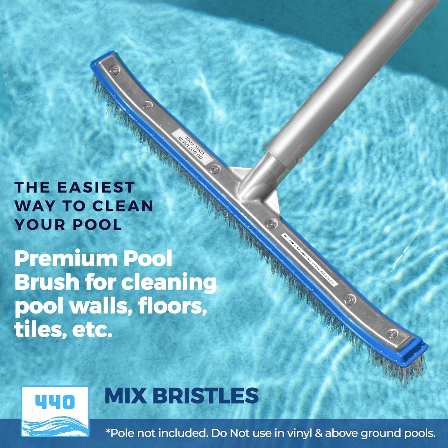 440 Combo Nylon and Stainless Steel Pool Brush - 18-Inch Heavy Duty Pool Brush Head for Cleaning Inground Pool Tiles, Walls, Floor and Steps - Scrub Brush Replacement Head, Strong Bristles - No Pole