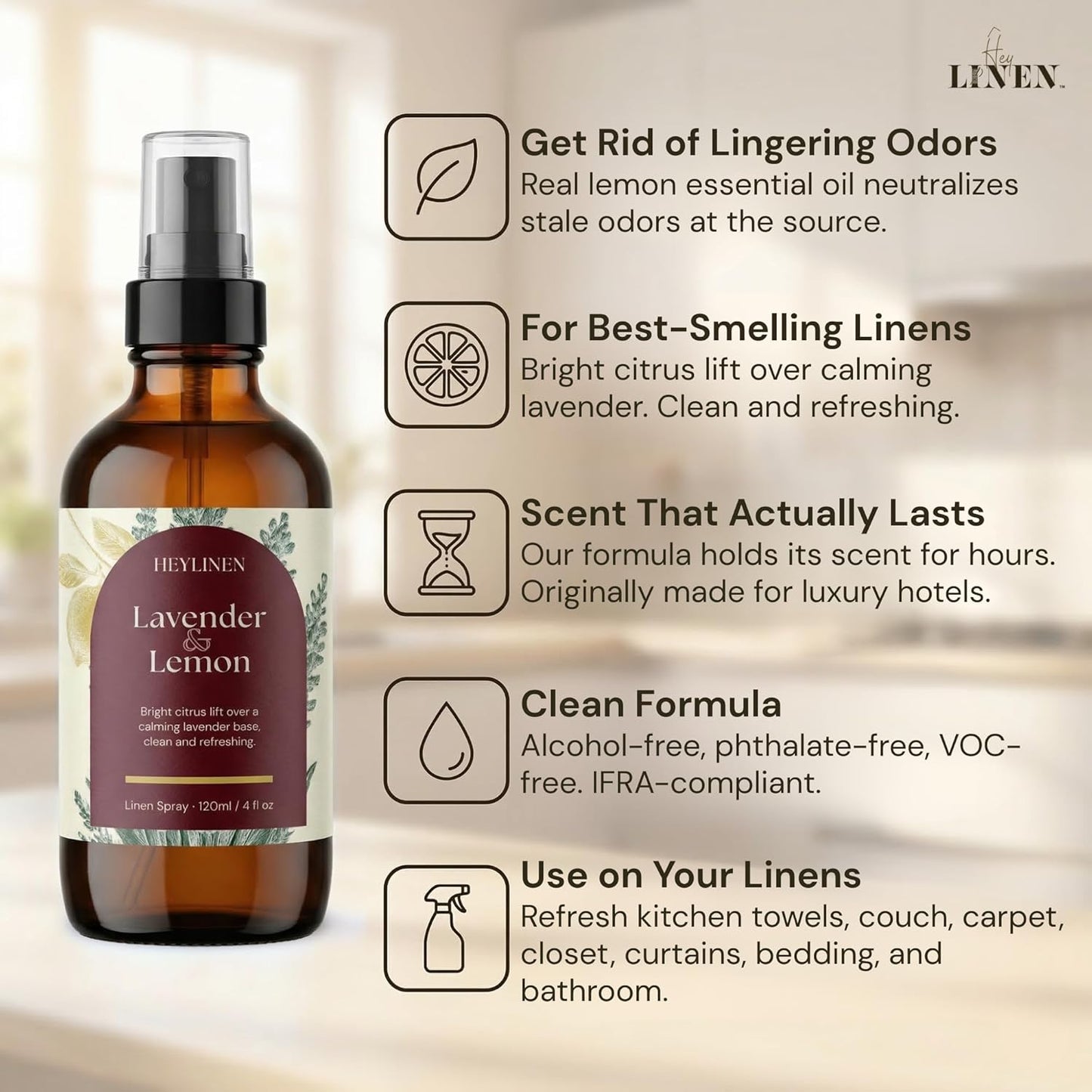 Lavender & Lemon Linen Spray | Clean Refreshing Aromatherapy Made with Pure Essential Oils | Fabric Freshener & Deodorizer for Carpet Kitchen Laundry Bathroom | 4 fl oz