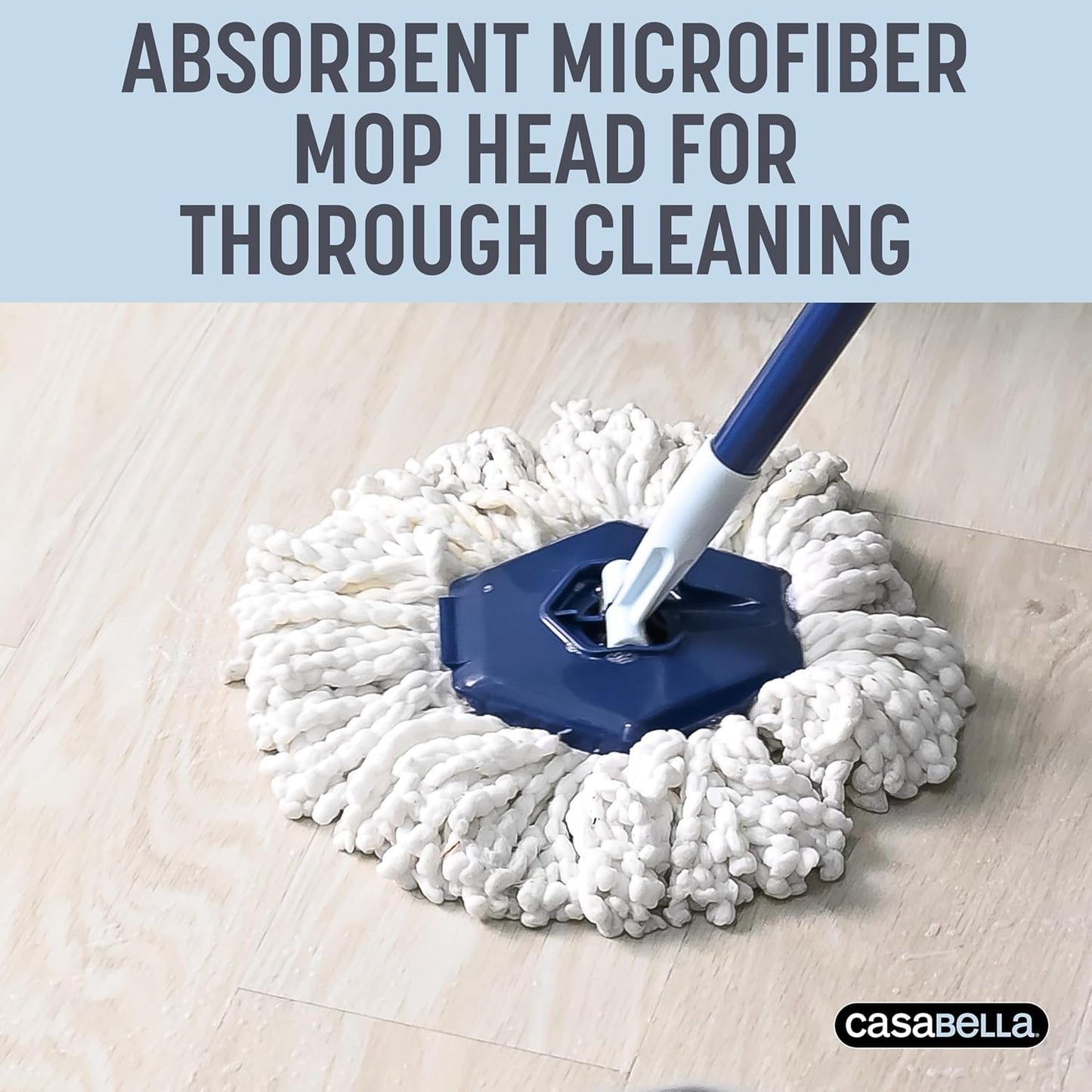 Casabella Clean Water Microfiber Spin Mop with 2-Bucket System, Antibacterial Spin Mop and Mopping Bucket Set, Blue/White