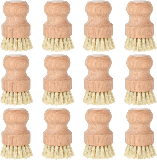 cobee 12Pcs Bamboo Dish Scrub Brushes, Kitchen Dishwashing Scrubber with Natural Sisal Bristles Round Wooden Dish Scrubber Brush for Iron Pot Pan Food Kitchen Sink Fruit Vegetable Wash