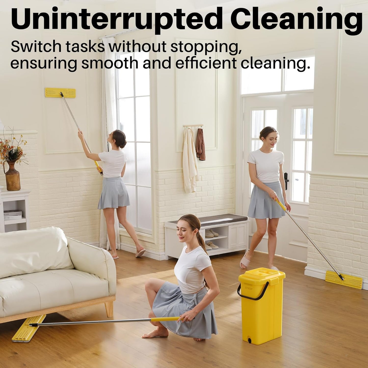 JOYMOOP Industrial Mop and Bucket Set, 17.7-inch Dust Mops for Floor Cleaning, Flat Mop Bucket with Wringer, Include 3 Reusable Microfiber Mop Pads - Yellow