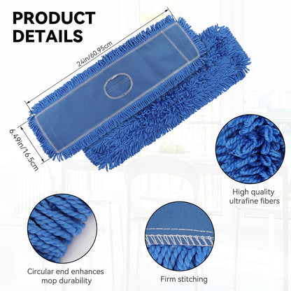 3 Pack 24 Inch Microfiber Dust Mop Head, Medium Washable Commercial Sweeper and Janitorial, Blue