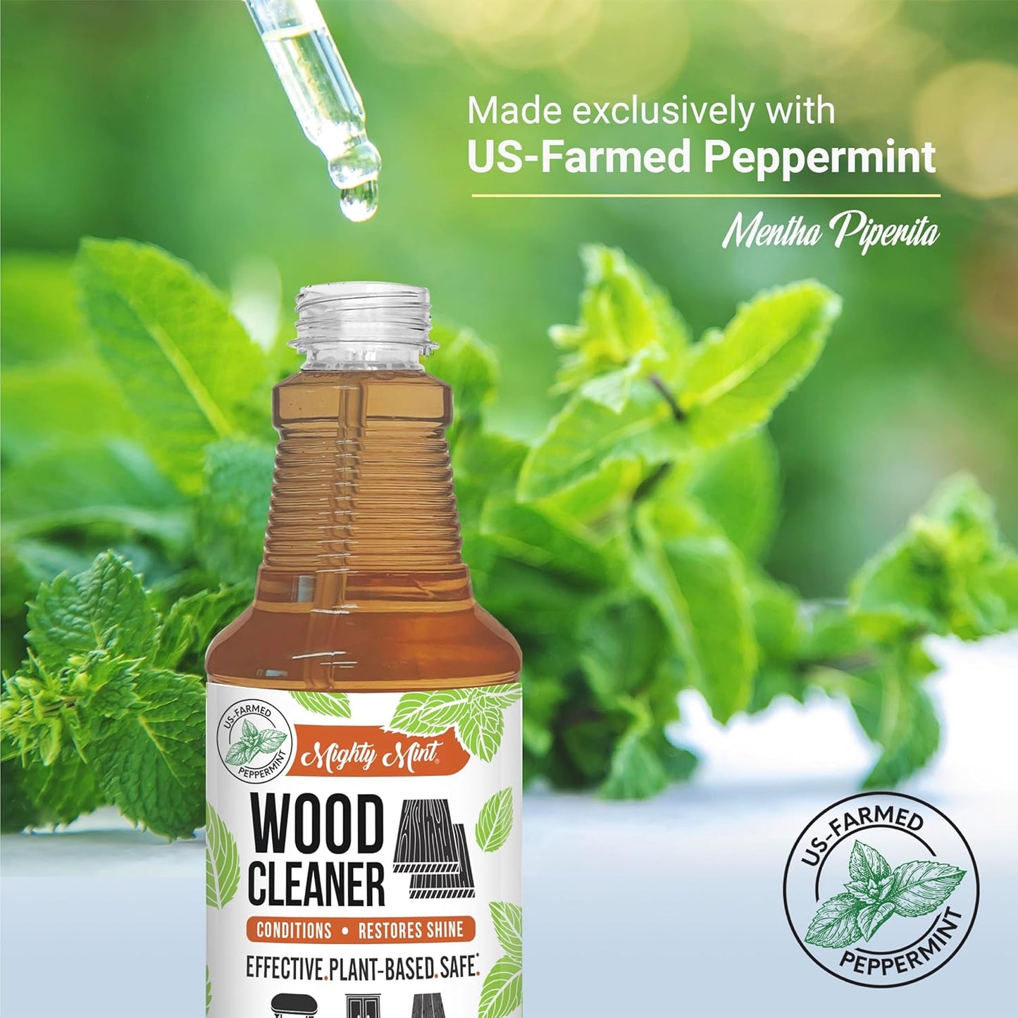 Mighty Mint Wood Cleaner & Conditioner Spray – Plant-Based Formula Cleans, Polishes & Renews Wood Furniture, Cabinets & Floors – Peppermint Scent, 16 oz
