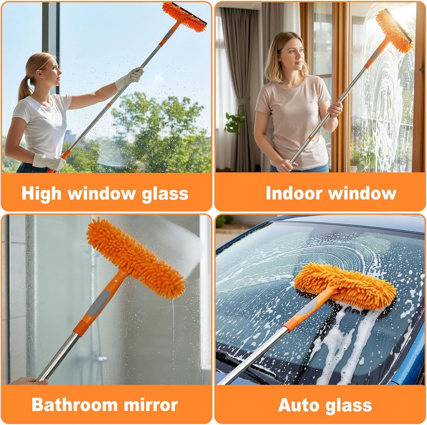Professional 67" Window Squeegee, 3-in-1 Rotatable Squeegee for Window Cleaning with Extension Poles, Window Cleaner Tool Kit for Indoor & Outdoor High Windows and Car Glass