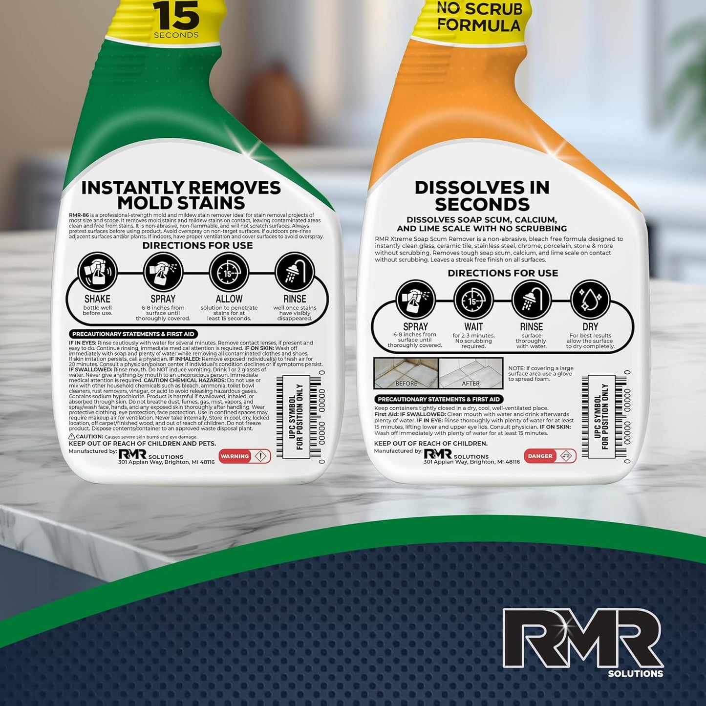 RMR Instant Mold & Mildew Stain Remover Spray + Xtreme Soap Scum Remover, No-Scrub Indoor/Outdoor Cleaning System for Bathroom, Shower, Siding, & Deck, 2–32 Oz Bottles