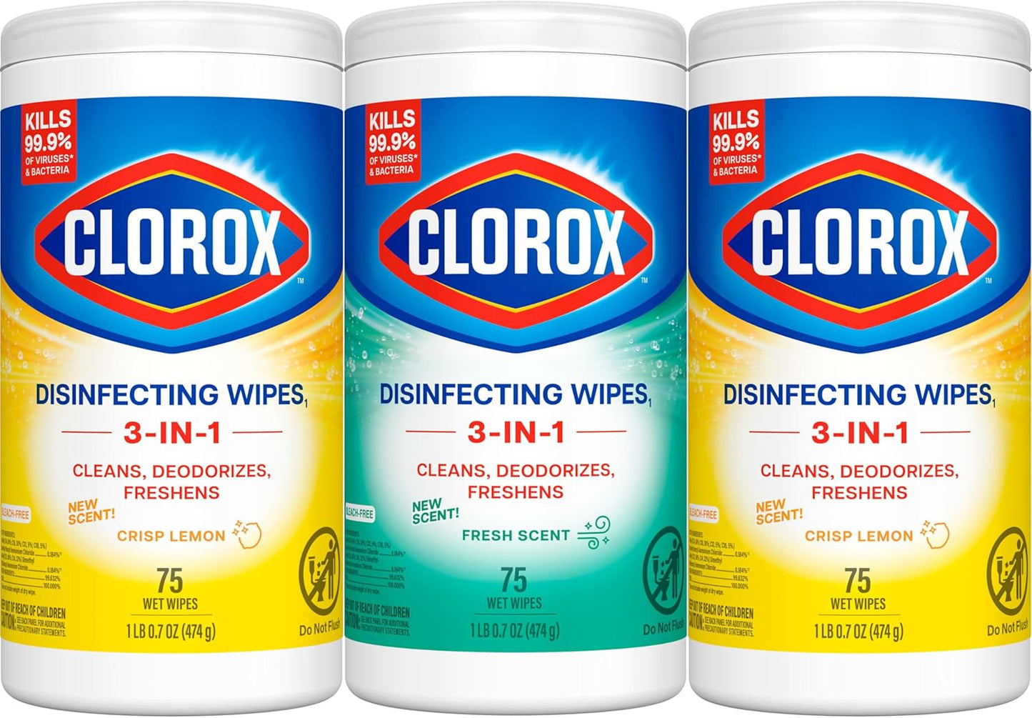 Clorox Disinfecting Wipes Value Pack, Cleaning Wipes, 75 Count Each, Pack of 3 (Package May Vary)
