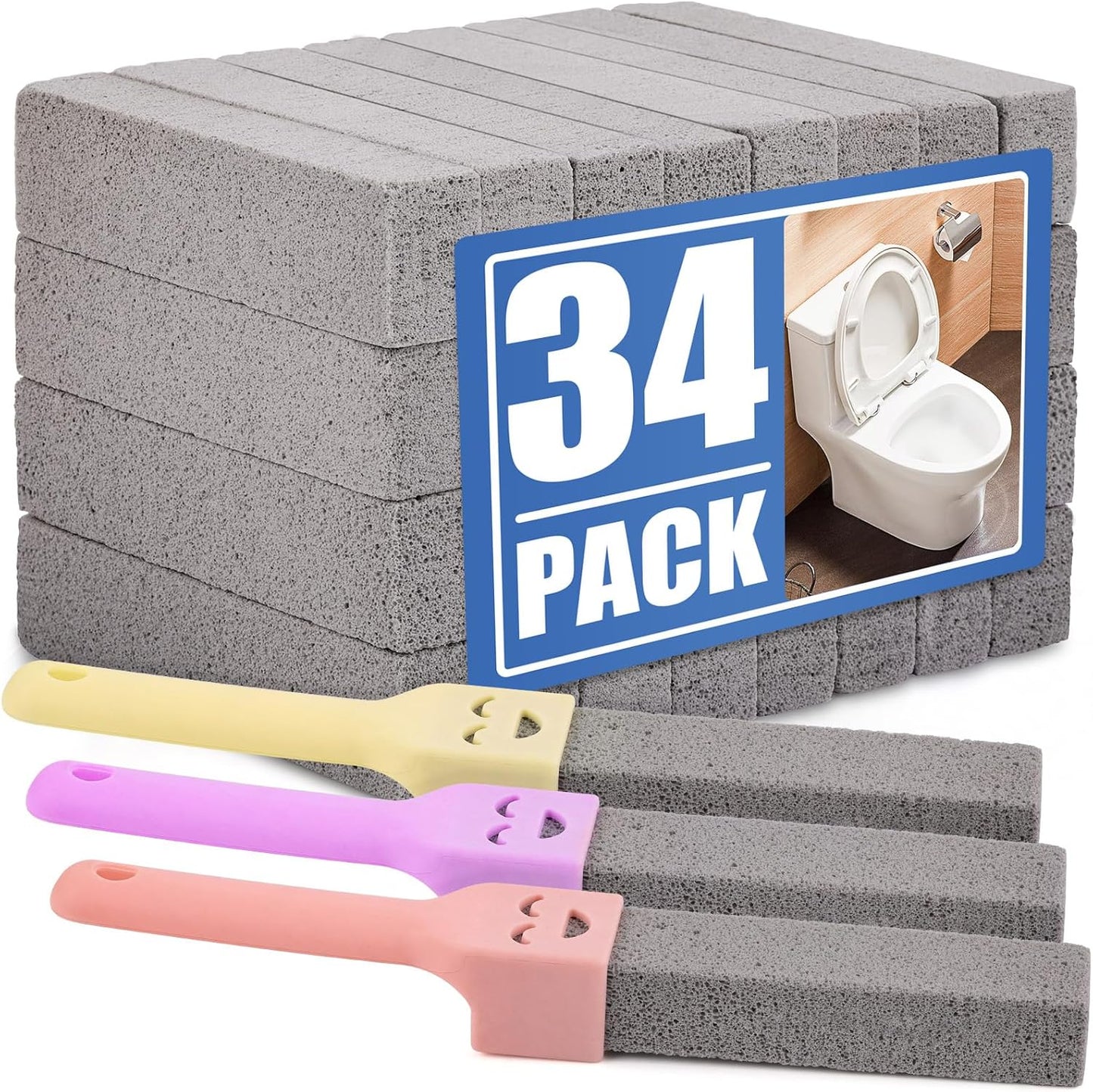 Navona 8 Pack Pumice Stone Scouring Sticks with 2 Universal Handles, Grey Pumice Stone Cleaner for Cleaning Toilets, Bathrooms, Kitchens, Spas and Pools