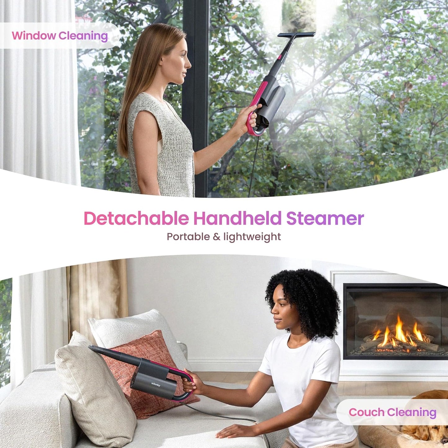 Schenley Steam Mop Cleaner Powerful - 15s Fast Heat-Up, Chemical-Free for Hardwood/Tile/Laminate & Floors/Walls, Washable Pads, 3 Modes for Carpet, Lightweight, Self-Standing, Sleek Design