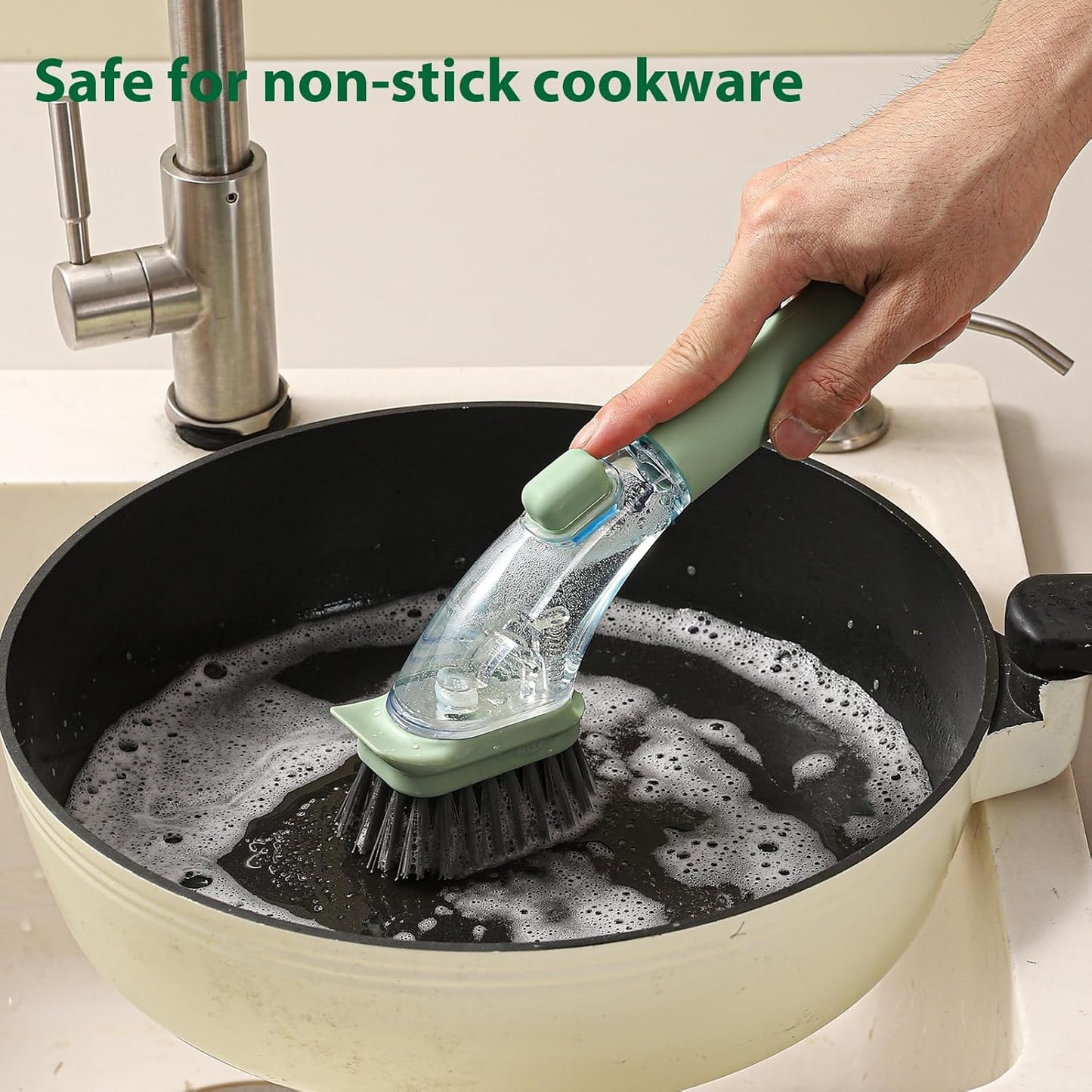 DAPOWER Soap Dispensing Dish Brush with Handle, Kitchen Scrub Brush for Dishes Pots Pans Sink Cleaning (Light Green)