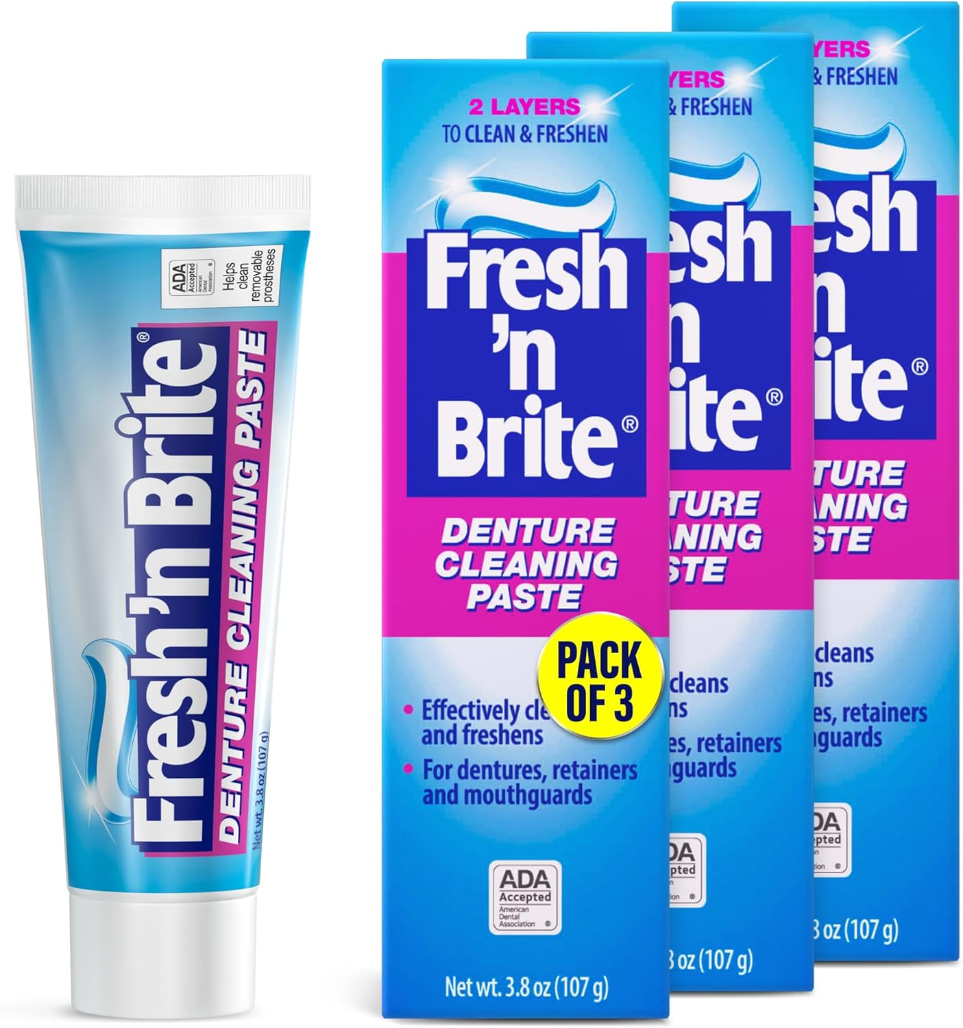 Fresh 'n Brite Denture Cleaner Paste, ADA Accepted Dual Action Formula for Fresh Breath & Gentle Care of Dentures, 1 Count