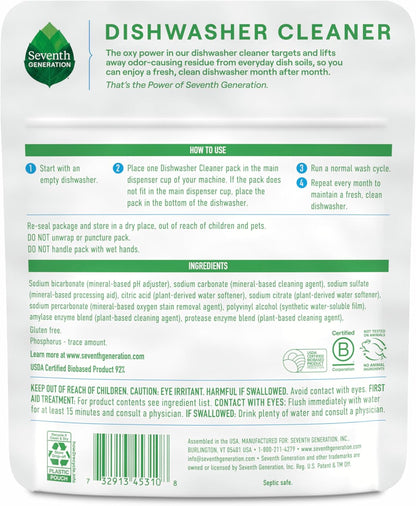 Seventh Generation Dishwasher Cleaning Packs 6 Count Free & Clear Removes odor-causing residue Powered by oxy power