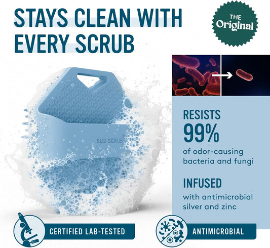 Sud Scrub® Antimicrobial Silicone Body Scrubber, Exfoliating Body Brush for Sensitive Skin, Antibacterial Shower Scrubber for Body, Bathroom Essentials for Men & Women, Charcoal