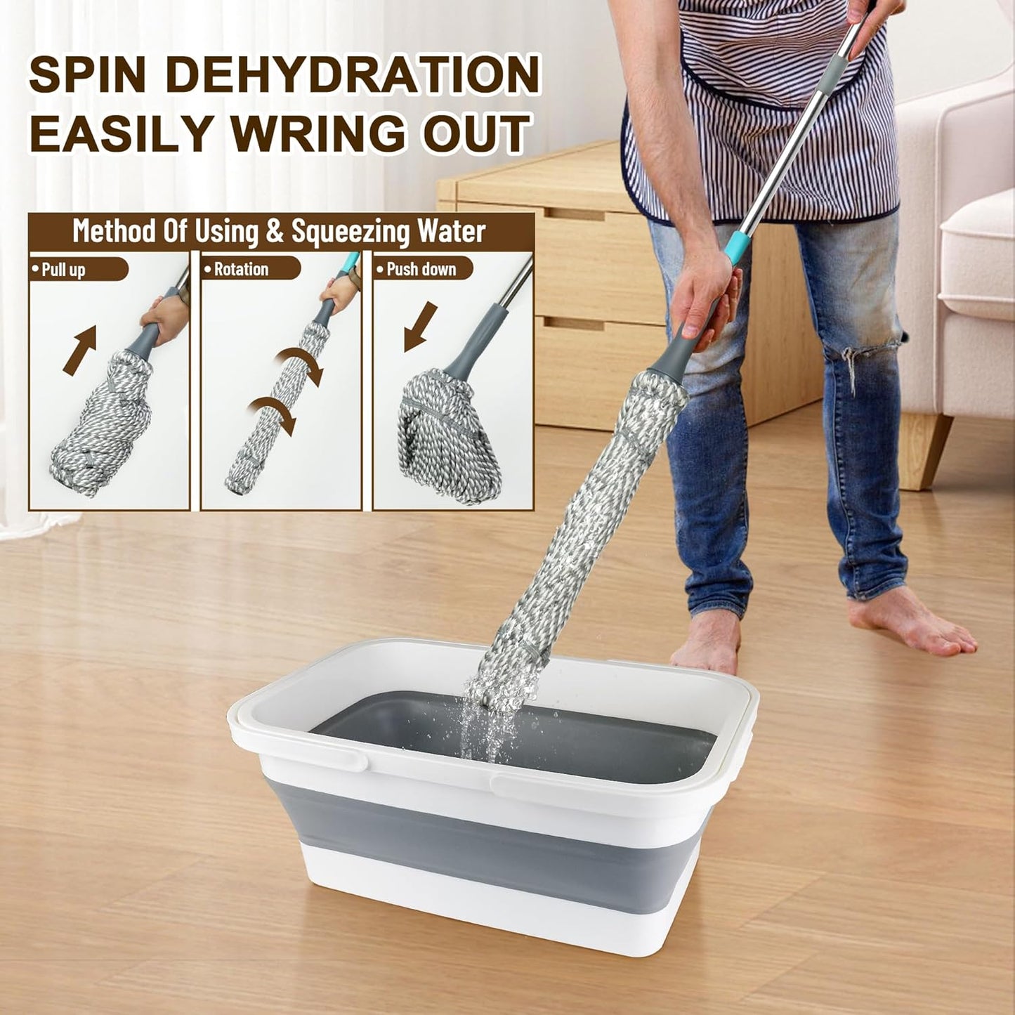 Self Wringing Floor Cleaner with 52.5 Inch Long Handle, Heavy Duty Wet Mop for Hardwood, Tile, Vinyl, Laminate Floors (White)